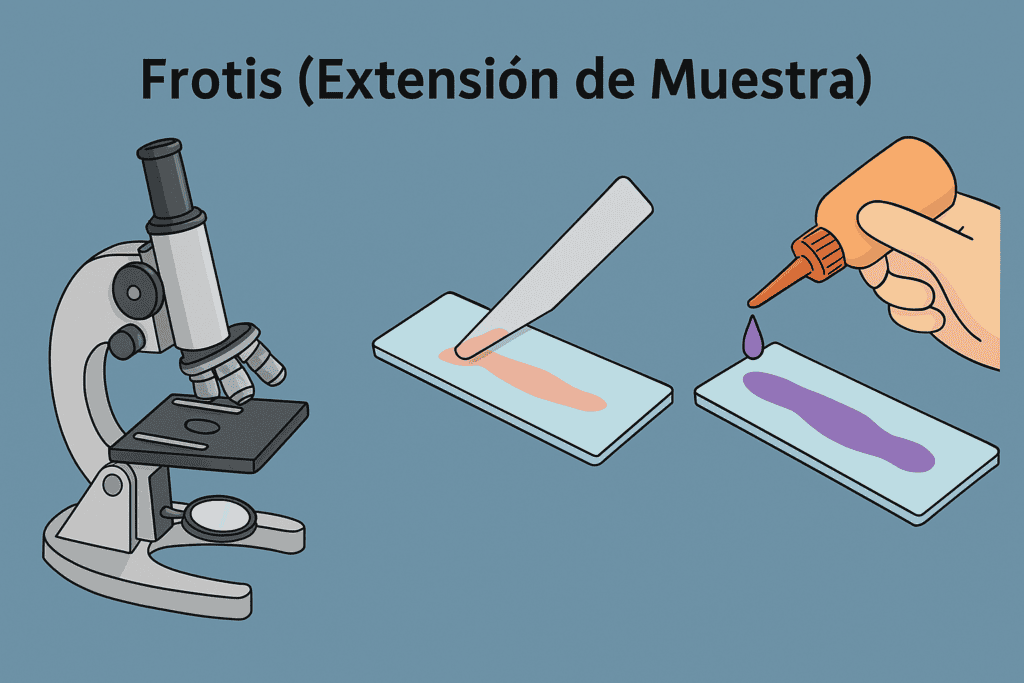 Ilustración de la técnica de frotis en microscopía con un portaobjetos, una espátula extendiendo la muestra y un colorante aplicándose