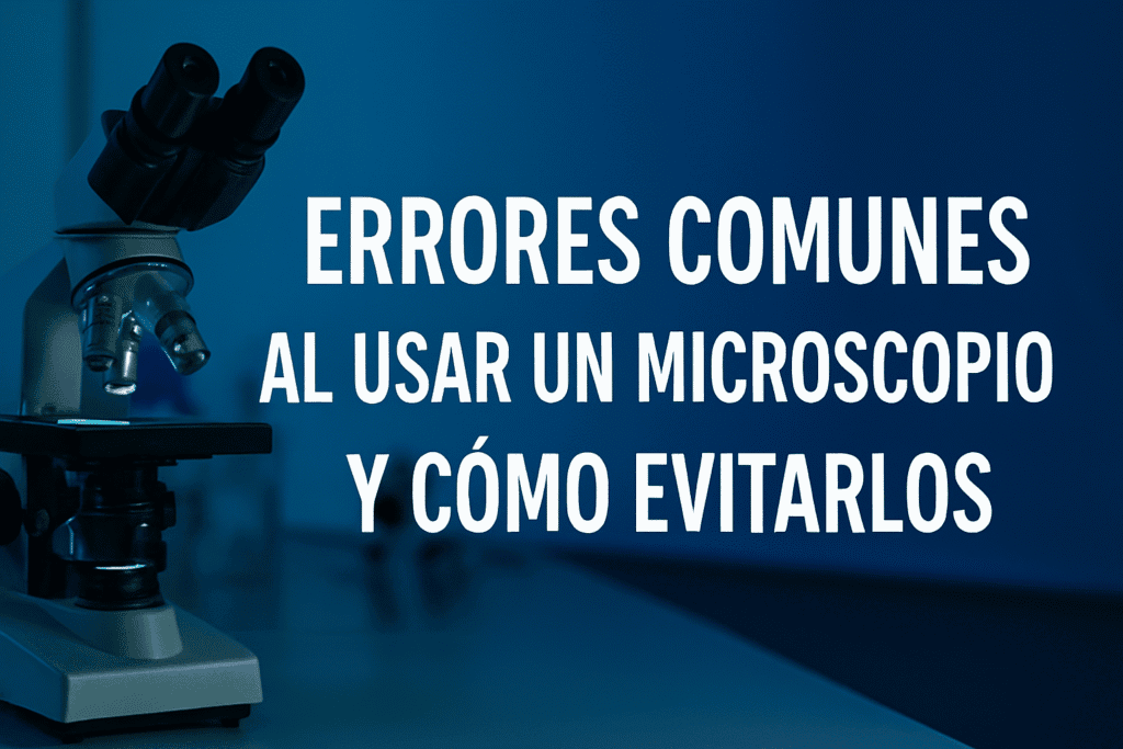 Microscopio compuesto iluminado en laboratorio con texto sobre errores comunes al usar un microscopio