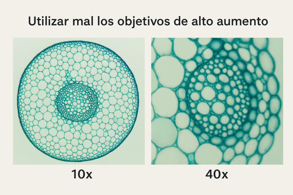 Comparativa de imágenes microscópicas mostrando diferencias entre aumento 10x y aumento 40x en calidad de enfoque